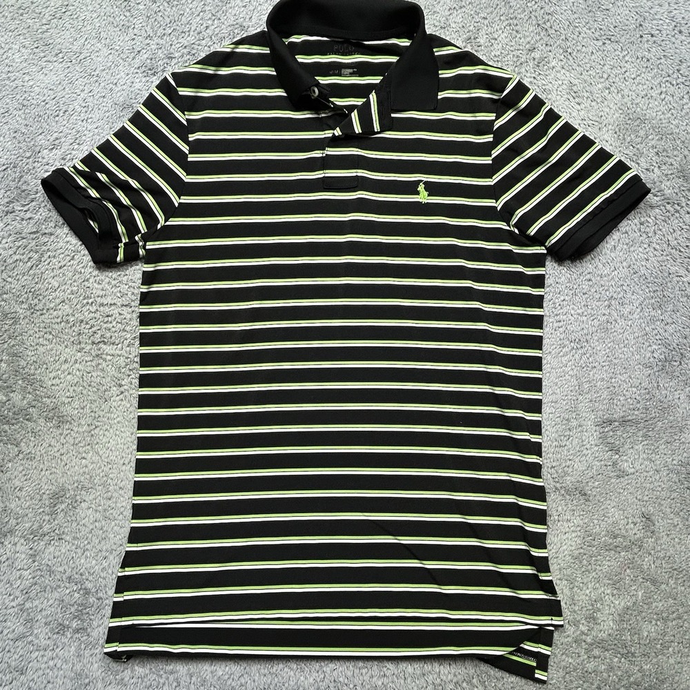 Ralph Lauren Polo Shirt Mens M Black Yellow Striped Pony Performance Stretch
